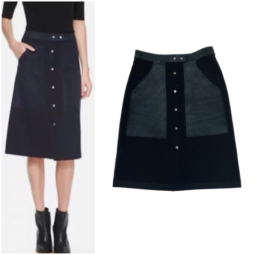 Theory Slyn Fixture Skirt Lamb Leather Suede Ponte Knit A-Line Midi Side Pockets